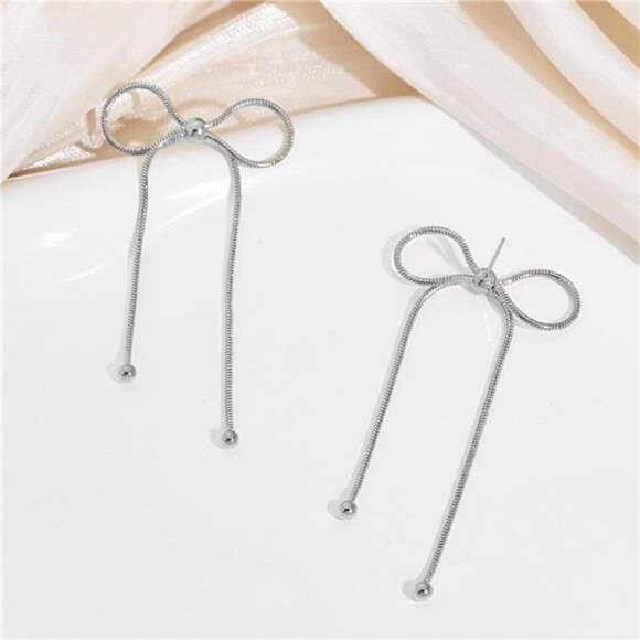 Silver Bow Earrings – White Gold Plated, Dangle Tassel Design - Picture 5 of 7